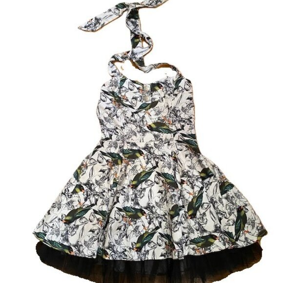 Hearts & Roses  Rockabilly Dress Pin Up 50s retro birds print halter neck, tulle - Picture 1 of 16